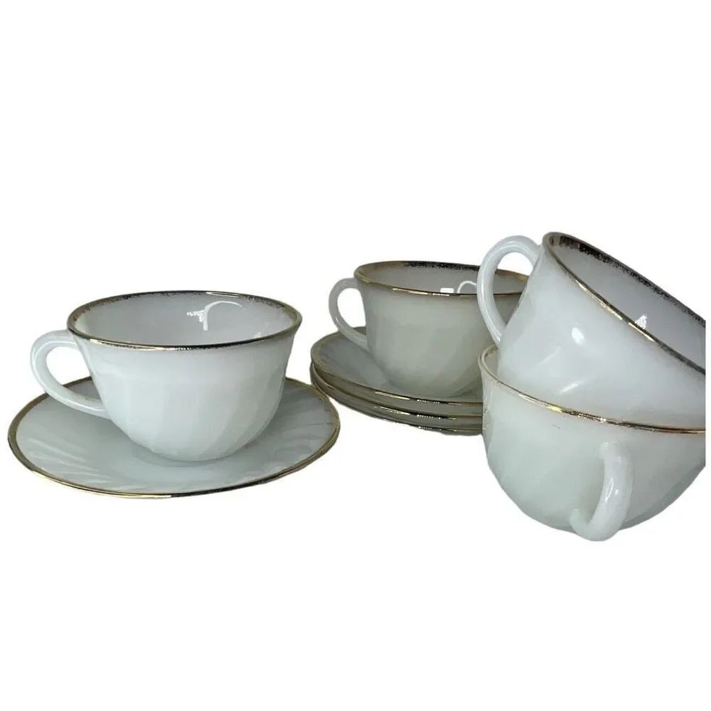 Lot of 4 1950’s Fire king cups and saucers milk glass gold trim